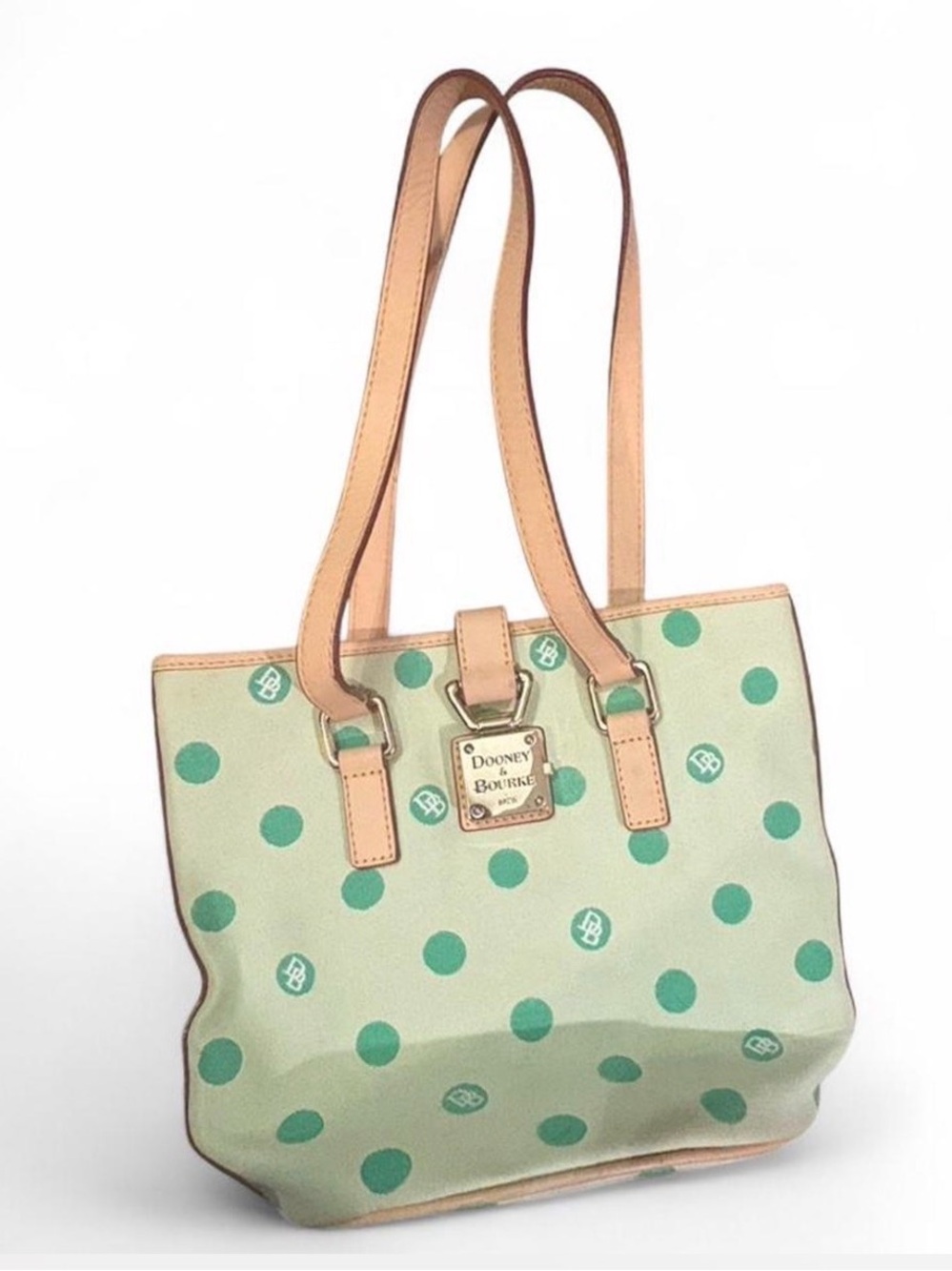 Vintage Dooney & Bourke Mint Green Polka Dot Tote with Tan Trim